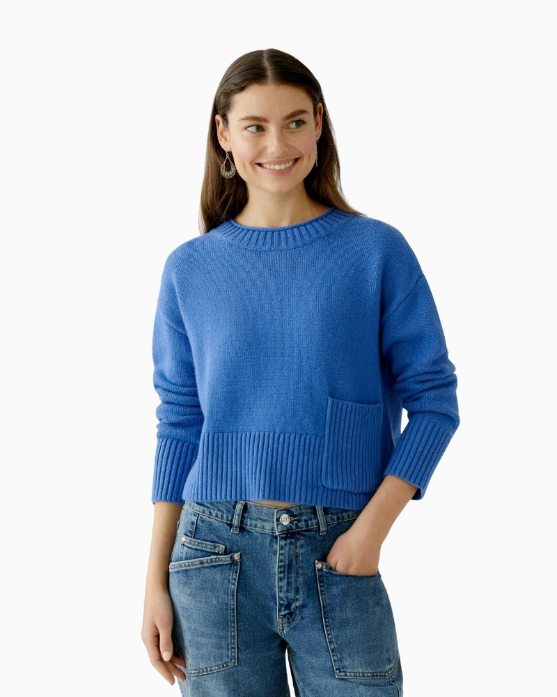 Oui blue cropped wool blend pullover with round neck