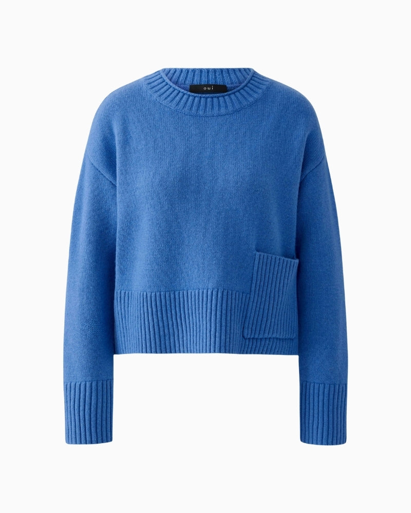 Oui blue cropped wool blend pullover with round neck