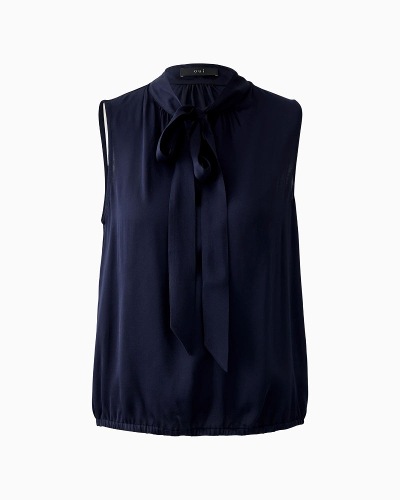 Front view of Oui dark blue blouse in ECOVERO viscose with ruffle neckline and elastic hem