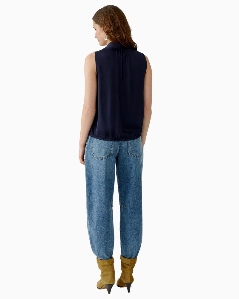 Back of dark blue relaxed fit blouse by Oui showing elasticated waist and soft drape