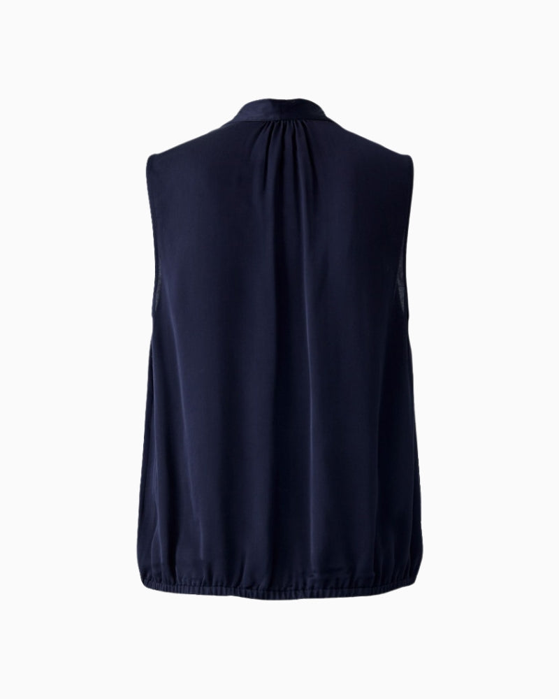 Back of dark blue relaxed fit blouse by Oui showing elasticated waist and soft drape