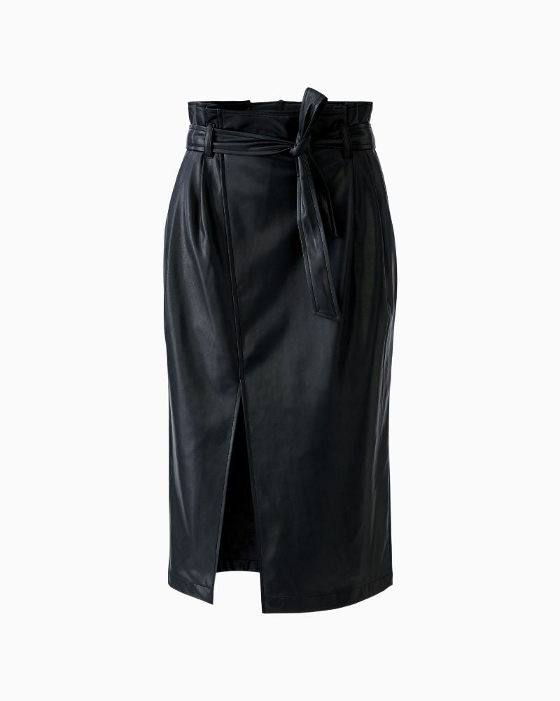 Black high-waisted faux leather midi skirt with smooth finish and soft lining