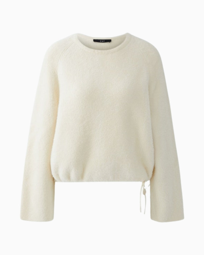 Front view of Oui faux fur pullover with round neck and drawstring hem