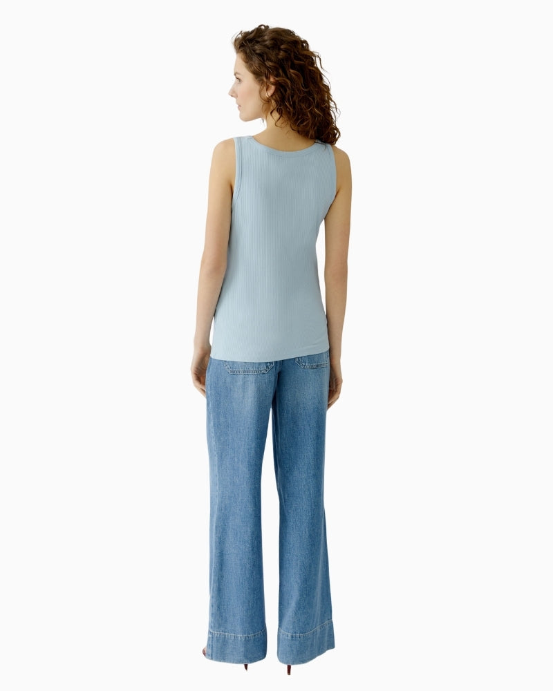 Oui Filiz ribbed top blue back view woman wearing – Áines Boutique