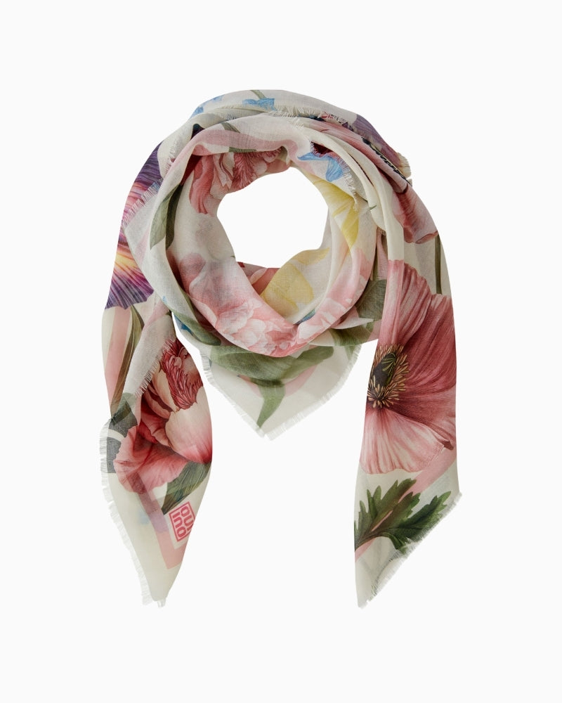 Oui rose red shawl styled as a scarf, front view – Áines Boutique