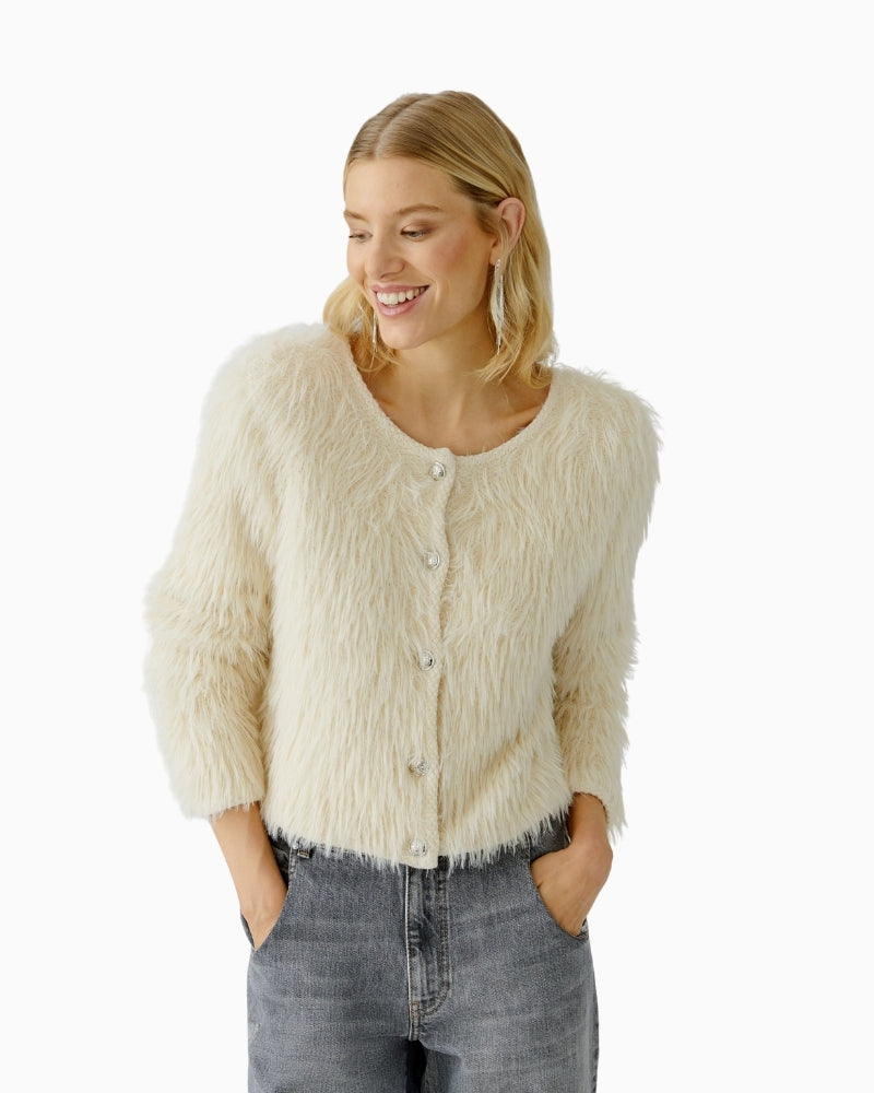 Oui fluffy beige cardigan with open front and soft knit texture