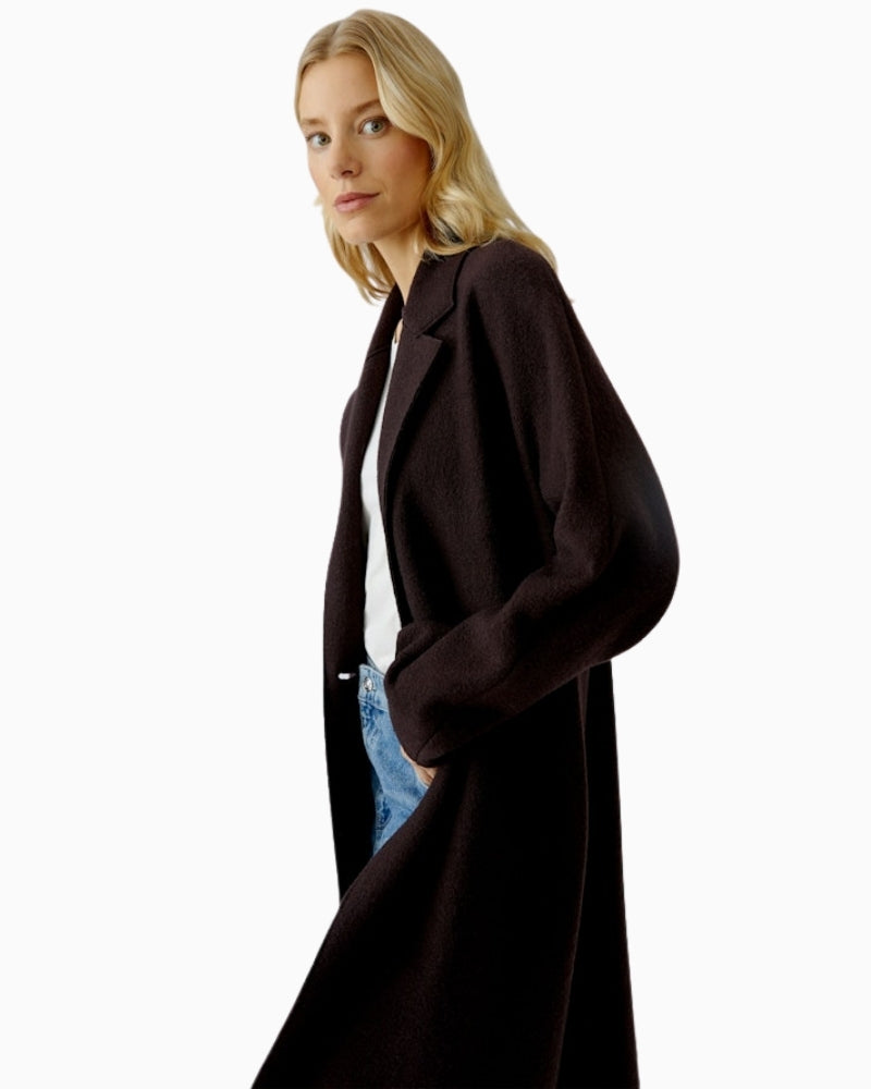 Side view of mid-length Ganache coat showing cropped kimono-style sleeves