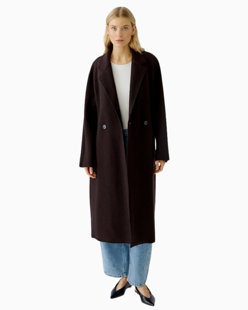 Oui Ganache winter coat styled with jeans and boots