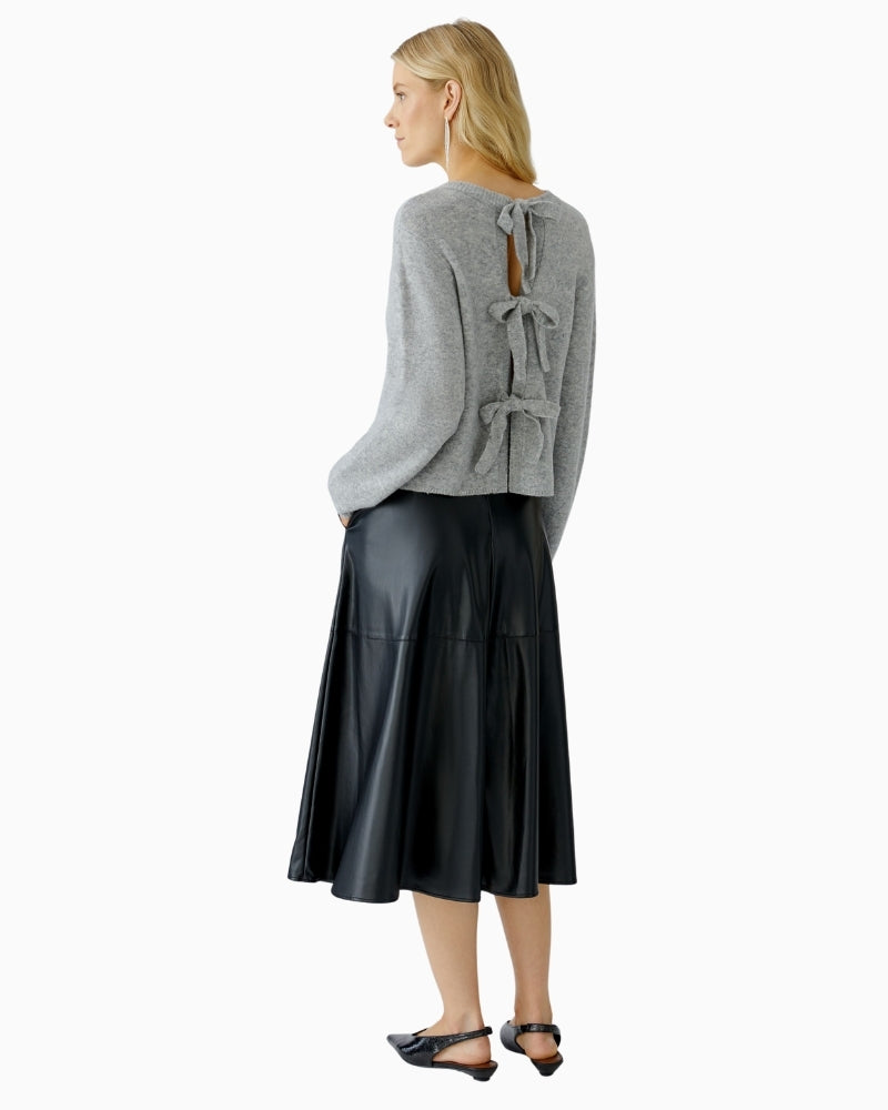 Back of grey jumper showing neat shape and smooth knit texture