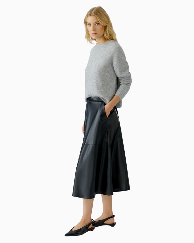 Side view of classic grey knitted sweater with relaxed fit