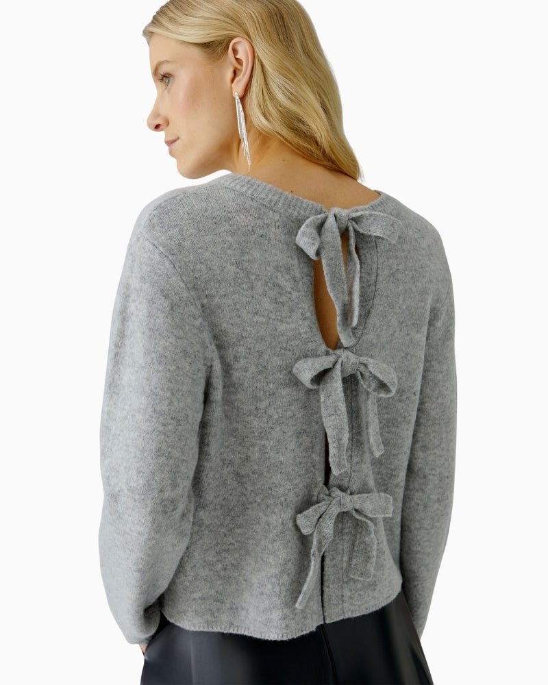 Back of grey jumper showing neat shape and smooth knit texture