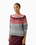 Oui grey and red cotton-blend pullover with Nordic knit pattern and subtle sequins