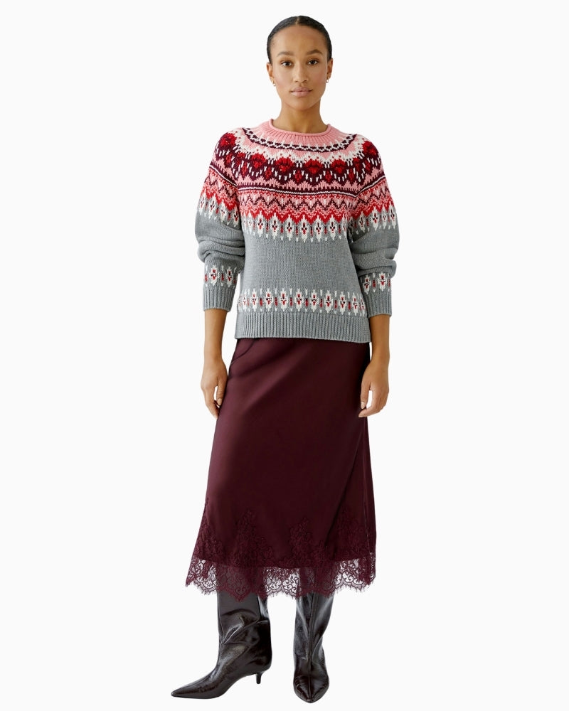 Front view of relaxed fit Oui jumper featuring high collar and long raglan sleeves