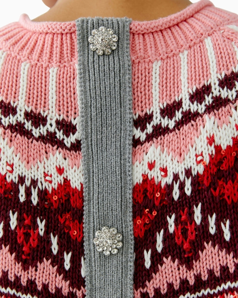 Close-up of tonal sequin detail in Norwegian pattern on Oui grey and red pullover