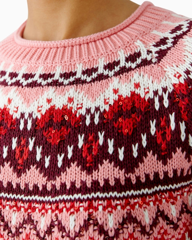 Close-up of tonal sequin detail in Norwegian pattern on Oui grey and red pullover