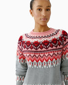 Close-up of tonal sequin detail in Norwegian pattern on Oui grey and red pullover