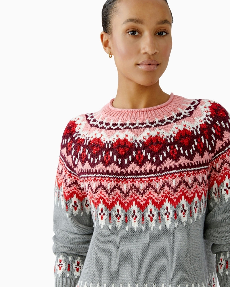 Close-up of tonal sequin detail in Norwegian pattern on Oui grey and red pullover