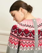 Close-up of tonal sequin detail in Norwegian pattern on Oui grey and red pullover