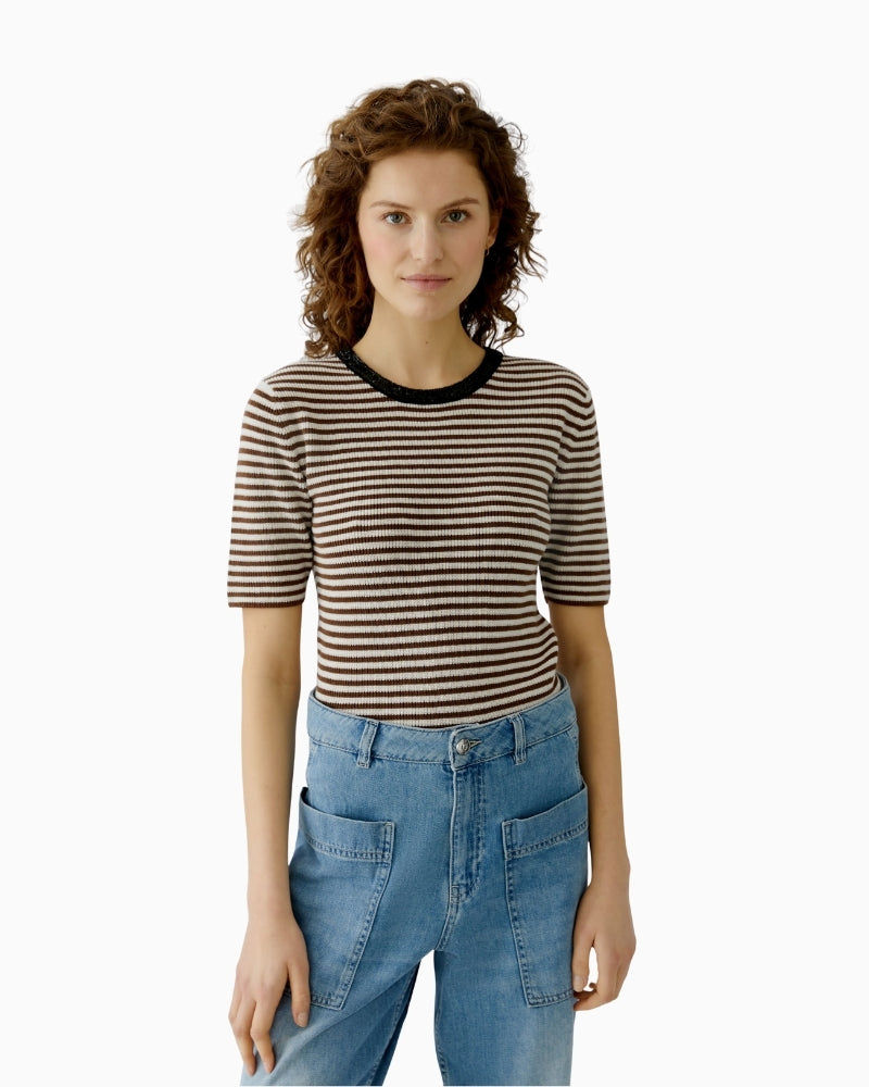 Oui half sleeve pullover brown white front view woman wearing – Áines Boutique