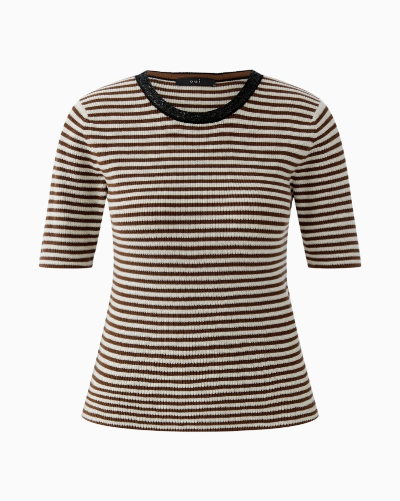 Oui half sleeve pullover brown white product view on white background – Áines Boutique