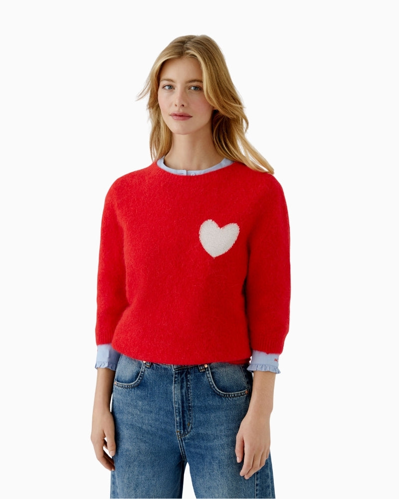Oui heart intarsia knit pullover red front view on woman – Áines Boutique