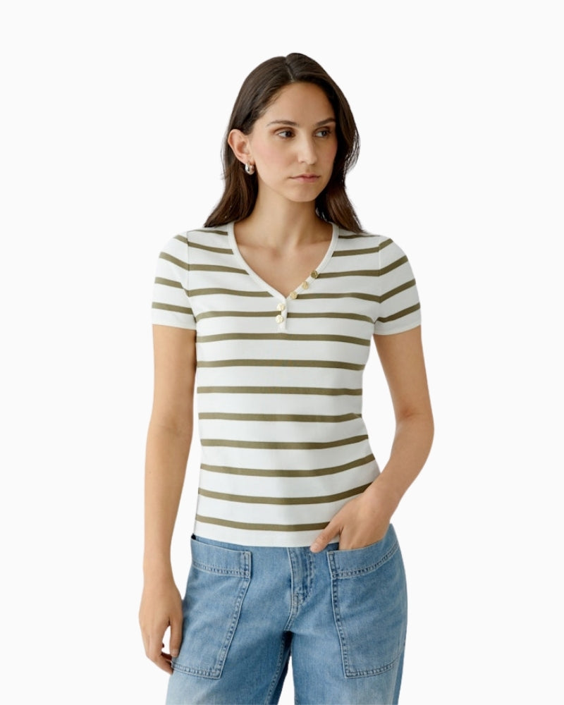 Oui interlock stripe T-shirt white green front view – Áines Boutique