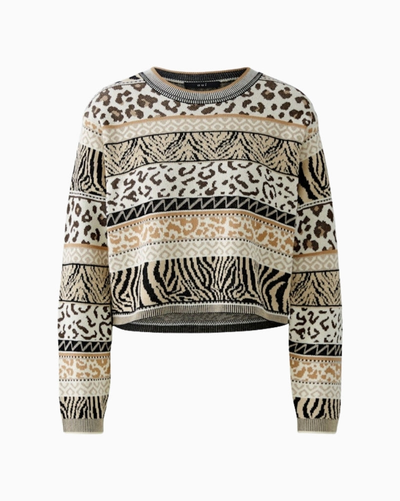 Front view of Oui cotton-blend jumper showing two-tone cuffs and square sleeves