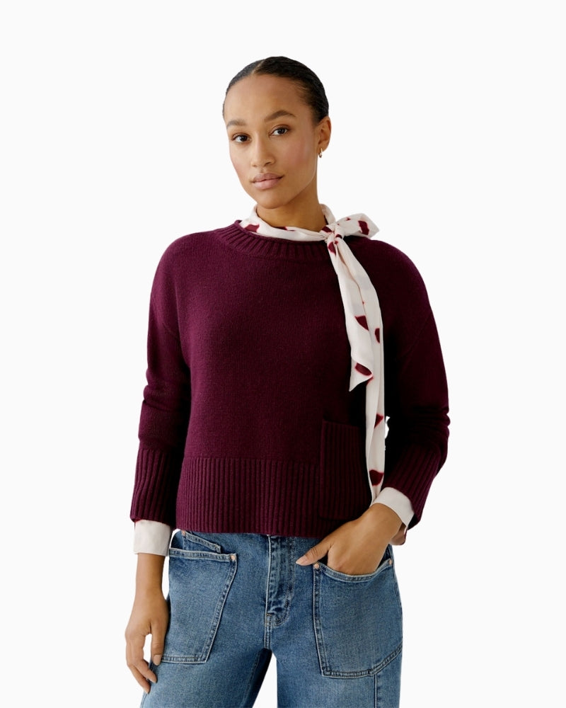 Oui cropped pullover in bramble berry wool blend with rolled neckline