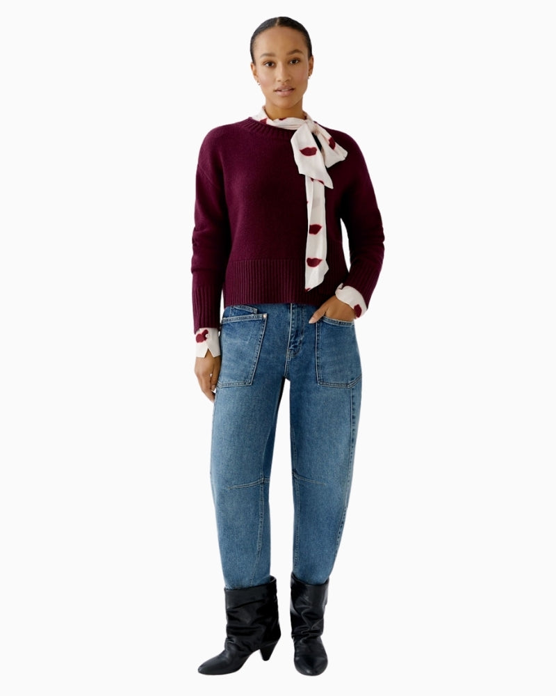 Oui cropped pullover in bramble berry wool blend with rolled neckline