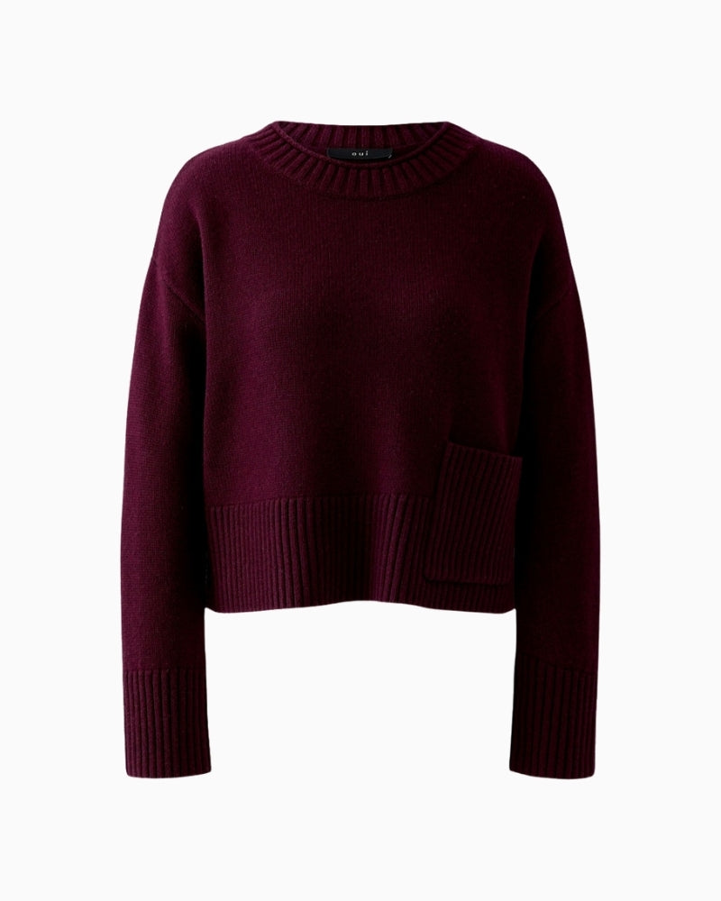 Front view of cropped wool blend knit in bramble berry with round neck