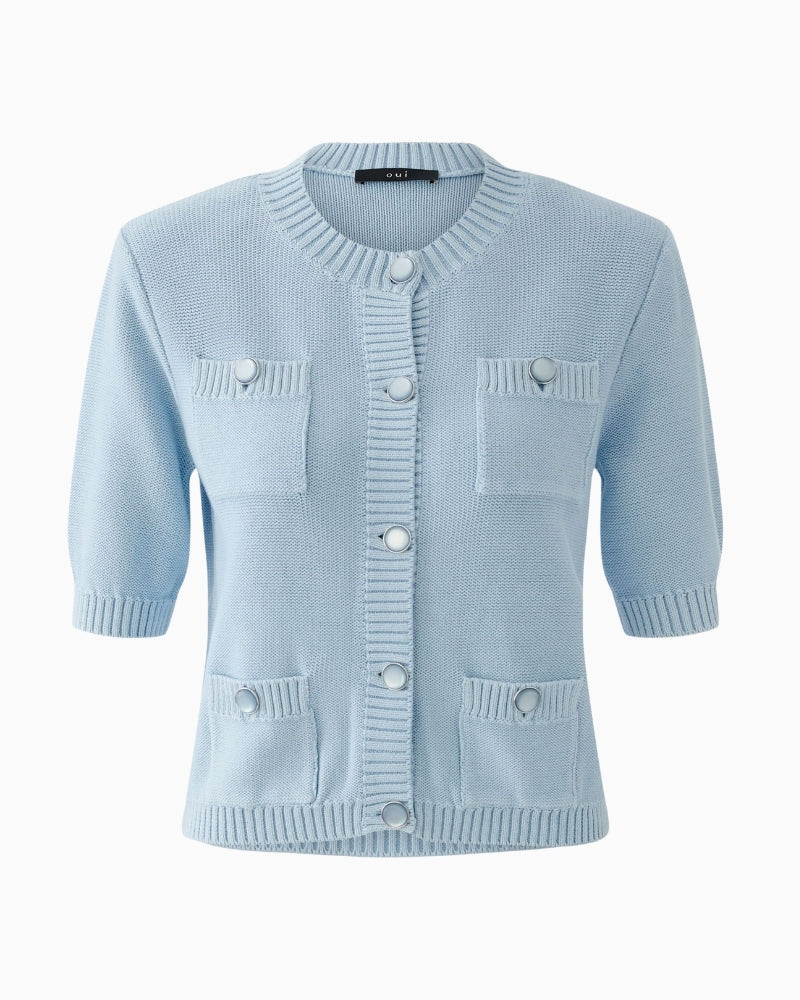 Oui light blue knit jacket with decorative buttons, front view – Áines Boutique