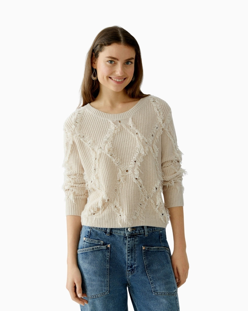 Oui light beige cropped ribbed pullover with crew neck and long sleeves