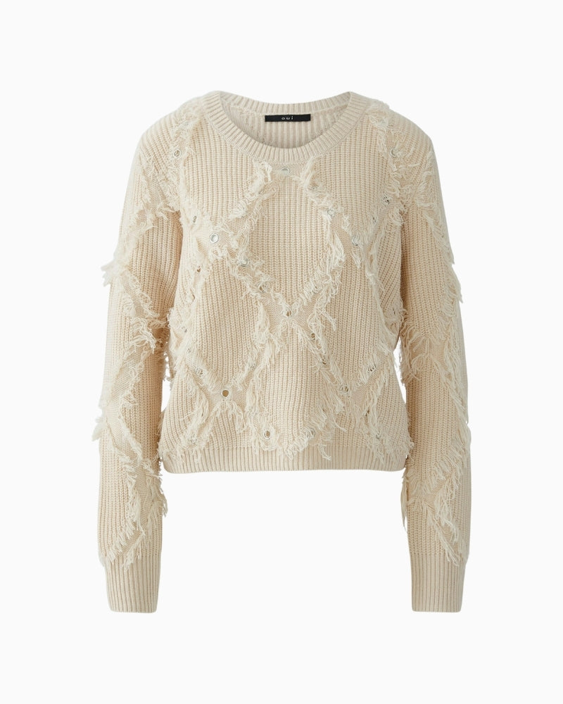 Oui light beige cropped ribbed pullover with crew neck and long sleeves