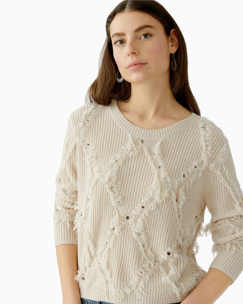 Close-up of ribbed texture and metal eyelets on front of Oui jumper