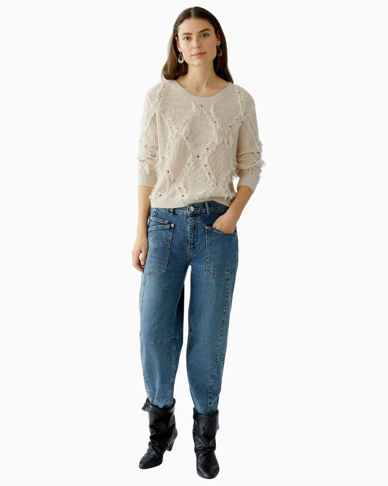 Wool blend ribbed pullover in light beige with long sleeves and crew neck