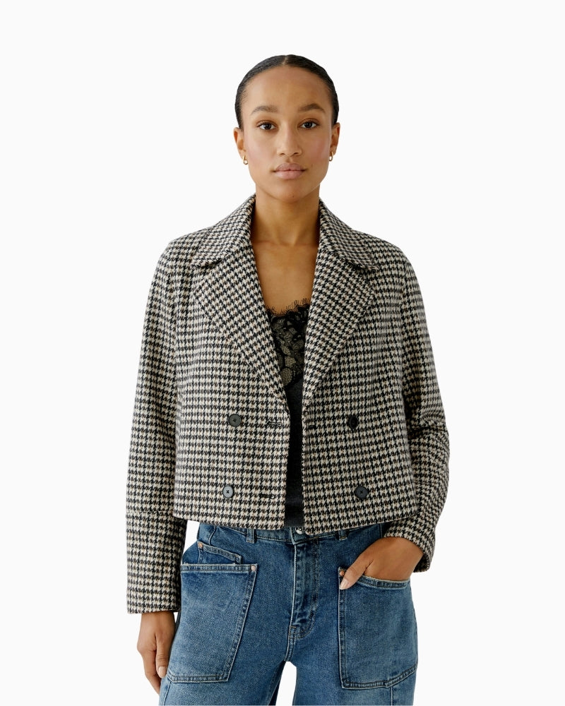 Oui light stone jersey jacket with cropped length and double-breasted front