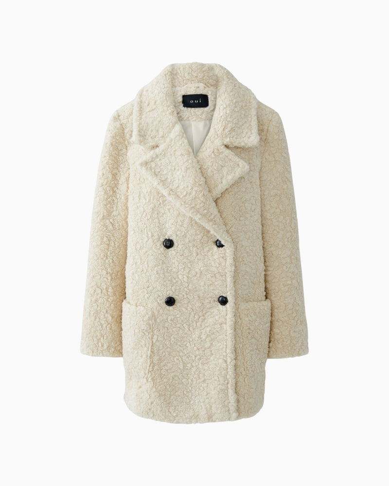 Front view of mid-length polyester coat with clean lines