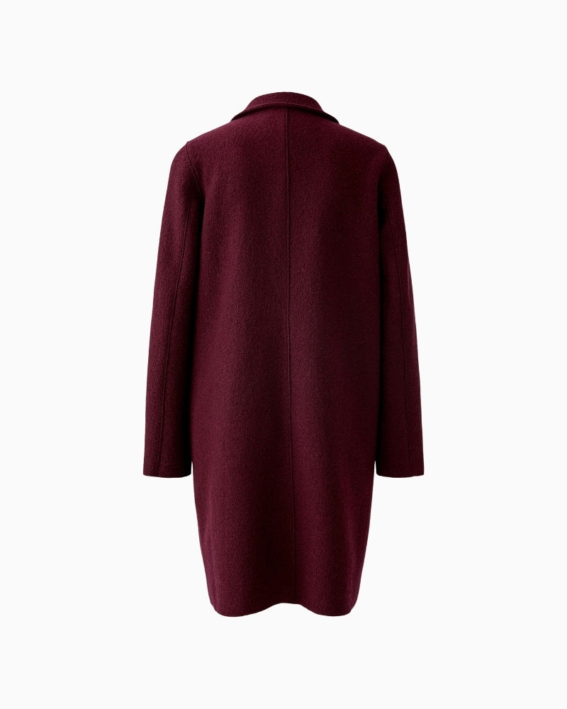 Back of unlined wool coat by Oui showing clean lines and mid-thigh length