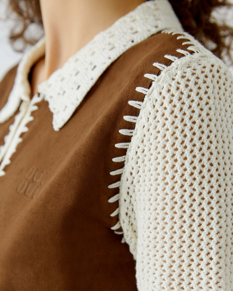 Close-up of Oui patched cardigan hand-crocheted collar detail – Áines Boutique