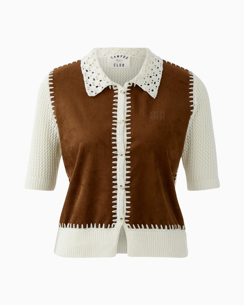 Oui patched cardigan white and brown front on white background – Áines Boutique