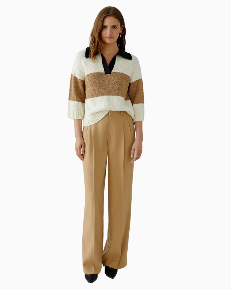 Front view of soft twill trousers showing loose leg and mid-rise waist