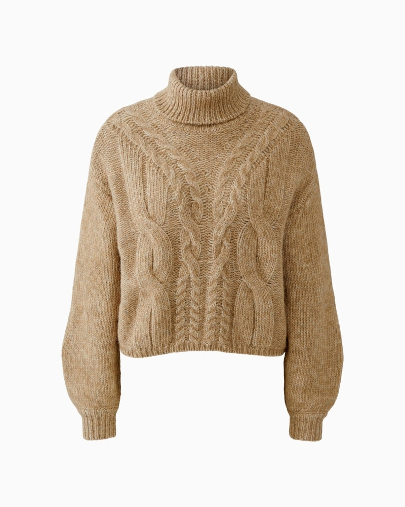 Beige knitted poloneck pullover by Oui in cotton alpaca wool blend