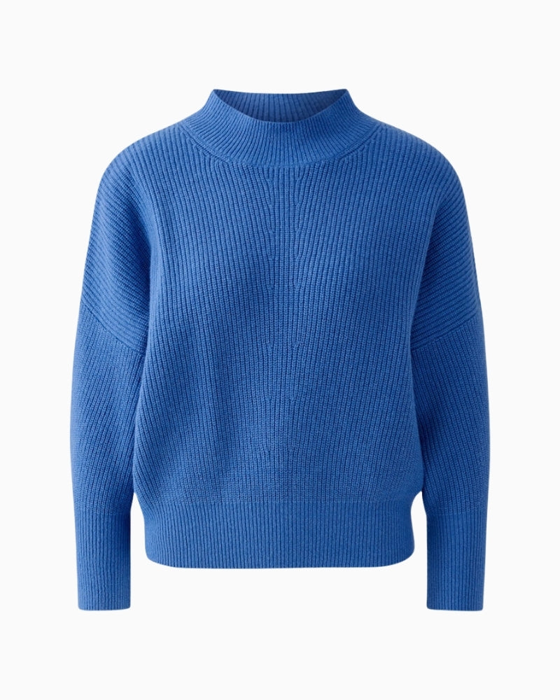 Oui blue oversized pullover in rib knit wool blend with cropped length