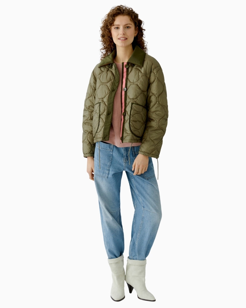 Woman wearing Oui reversible jacket, full outfit model view – Áines Boutique