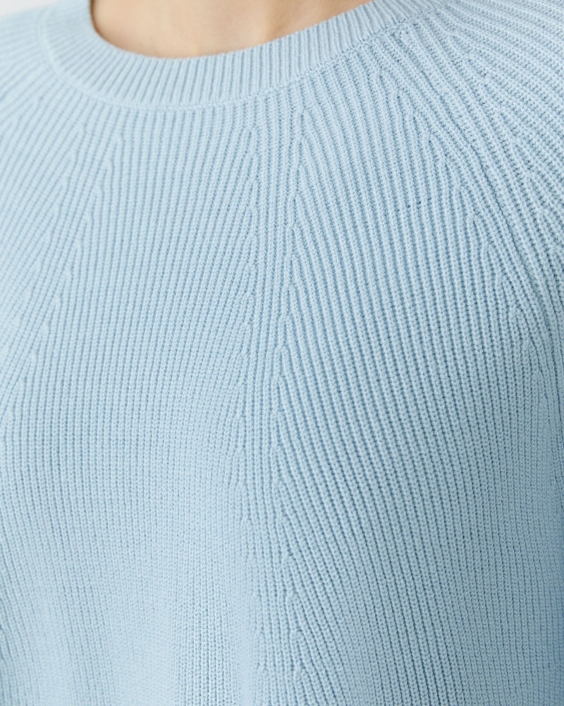 Close-up of Oui light blue pullover fabric showing fine rib knit – Áines Boutique