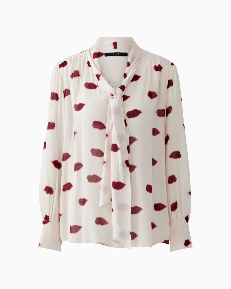 Oui rose red blouse with kissing mouth print and bow-tie neckline