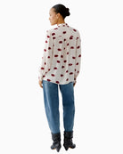 Back view of long sleeve blouse with shoulder gathers