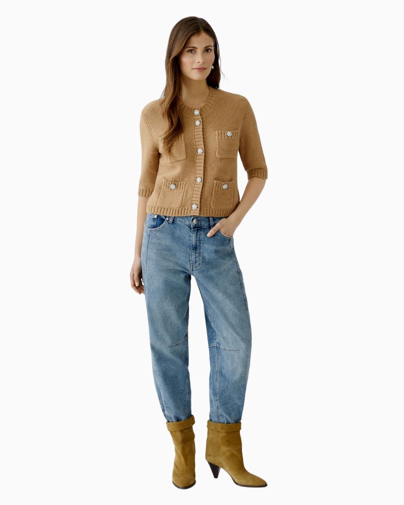 Oui short cardigan in Cloud Dancer with patch pockets and press stud front