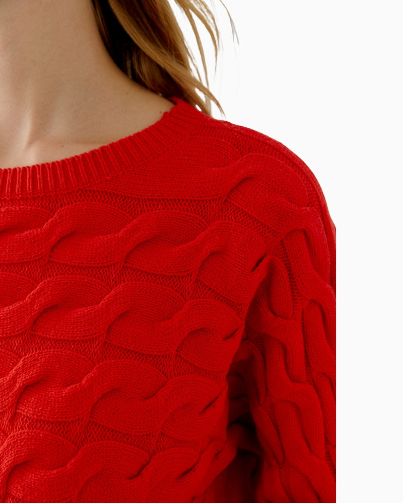 Close-up of crosswise cable pattern on Oui Sirah pullover