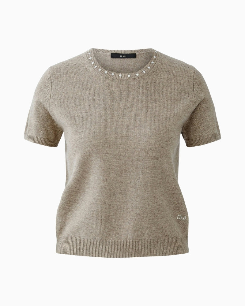 Oui logo in microstones on hem of short sleeve taupe pullover